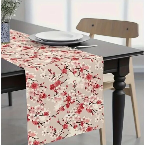 Table Runner 13x72in Woven Polyester Cherry Blossoms Spring - Picture 1 of 3